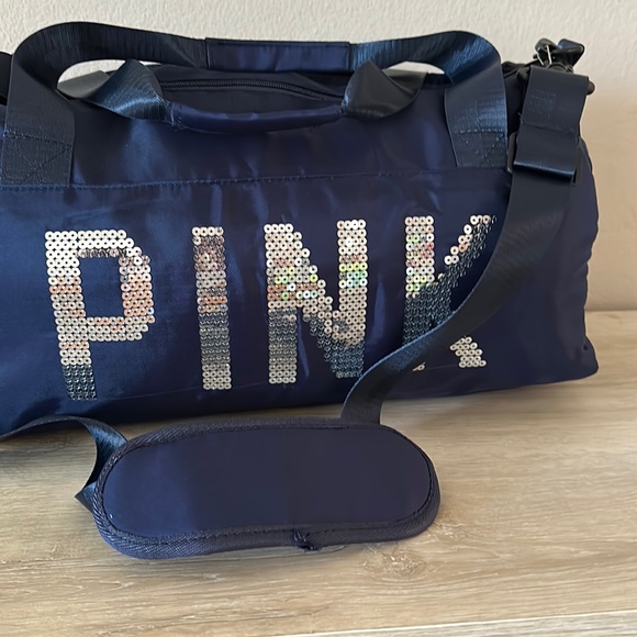 PINK duffel bag Navy blue silver sequins NWT - Picture 1 of 4